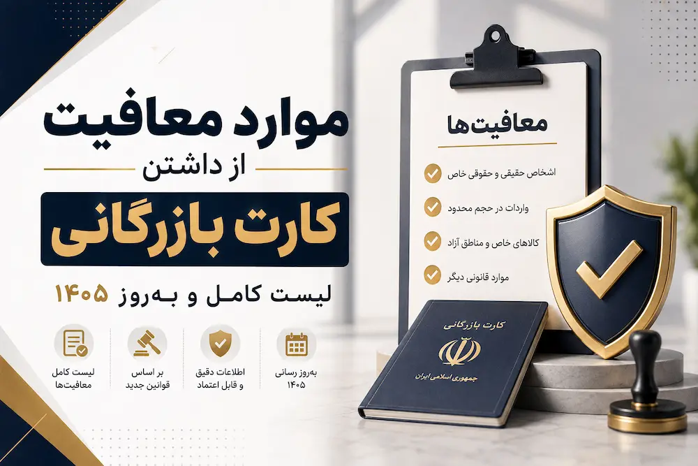 اینفوگرافیک موارد معافیت از داشتن کارت بازرگانی در سال ۱۴۰۵ شامل ۶ گروه اصلی: تعاونی‌های مرزنشینان، ملوانان ایرانی، پیله‌وران، کارگران ایرانی شاغل در خارج از کشور، کالاهای غیرتجاری و فعالان اقتصادی در مناطق آزاد تجاری